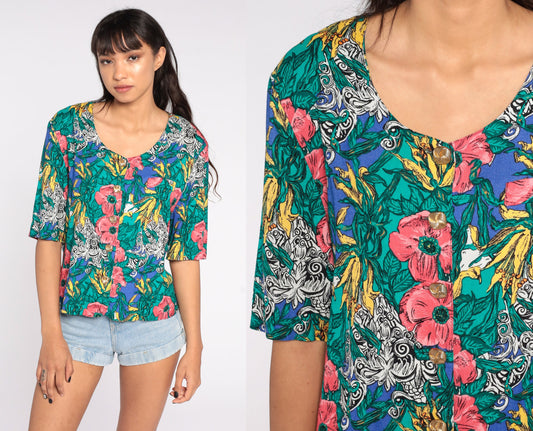 80s Tropical Floral Button Up Blouse Short Sleeve Blue Green Medium Large