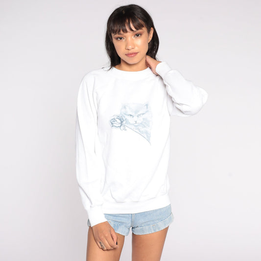 80s Cat Graphic Sweatshirt White Kitten Print Crewneck Medium