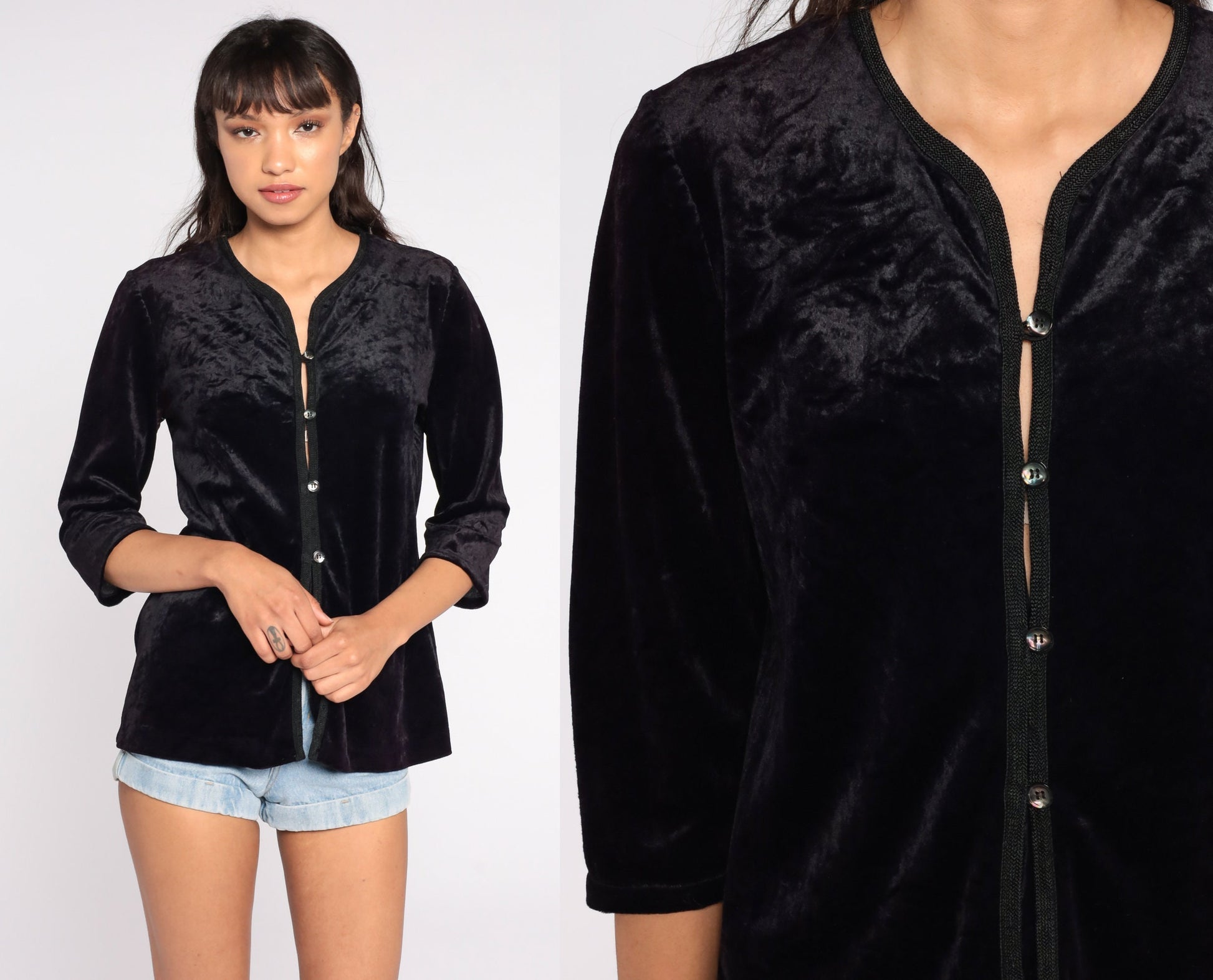 90s Black Velvet Button-Up Blouse Long Sleeve Vintage Shirt Medium