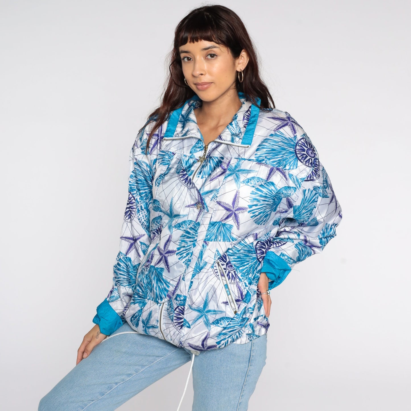 90s Seashell Nautical Windbreaker Jacket Purple Blue Zip Medium