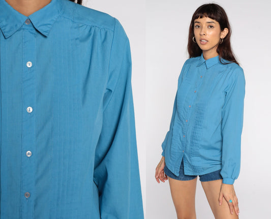 80s Blue Button-Up Blouse Pleated Long Sleeve Shirt Medium