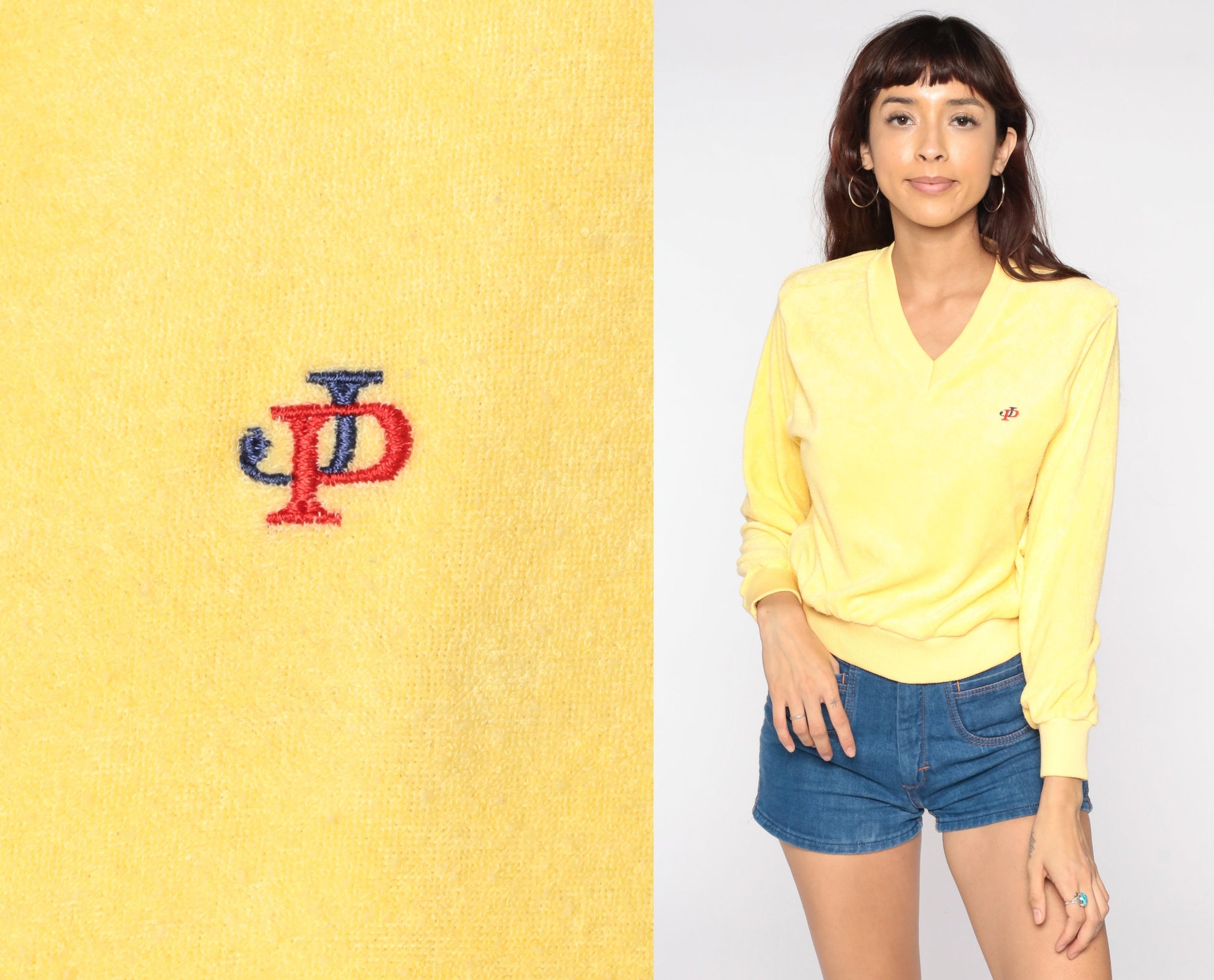 70s-80s Yellow Terry Cloth V-Neck Sweatshirt Slouchy Long Sleeve Medium