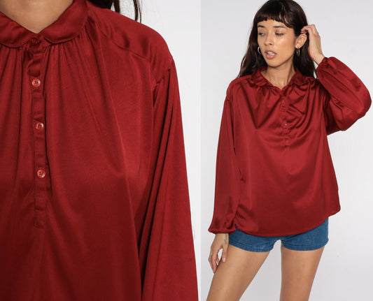 70s Rust Red Silky Blouse Peter Pan Collar Long Sleeve Disco Shirt Large L