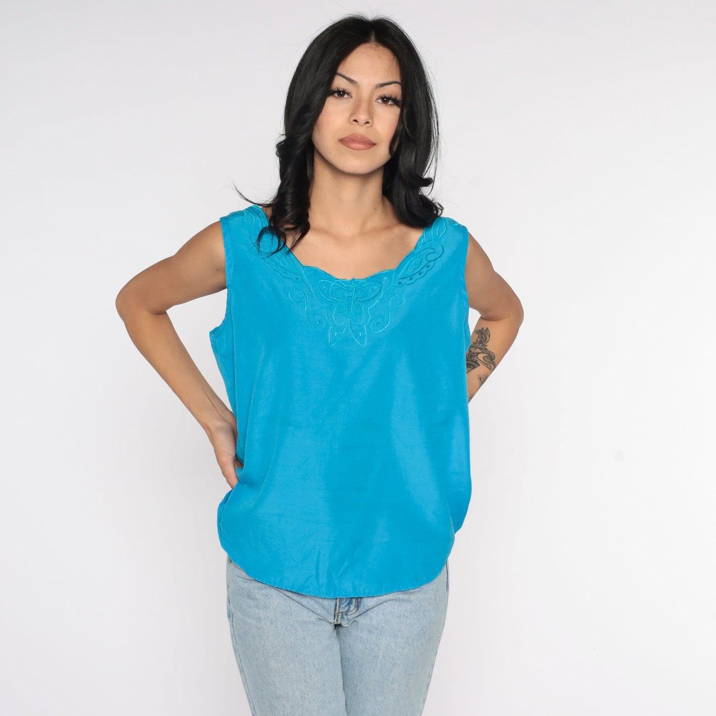 80s Blue Linen Tank Top Embroidered Butterfly Sleeveless Blouse Small