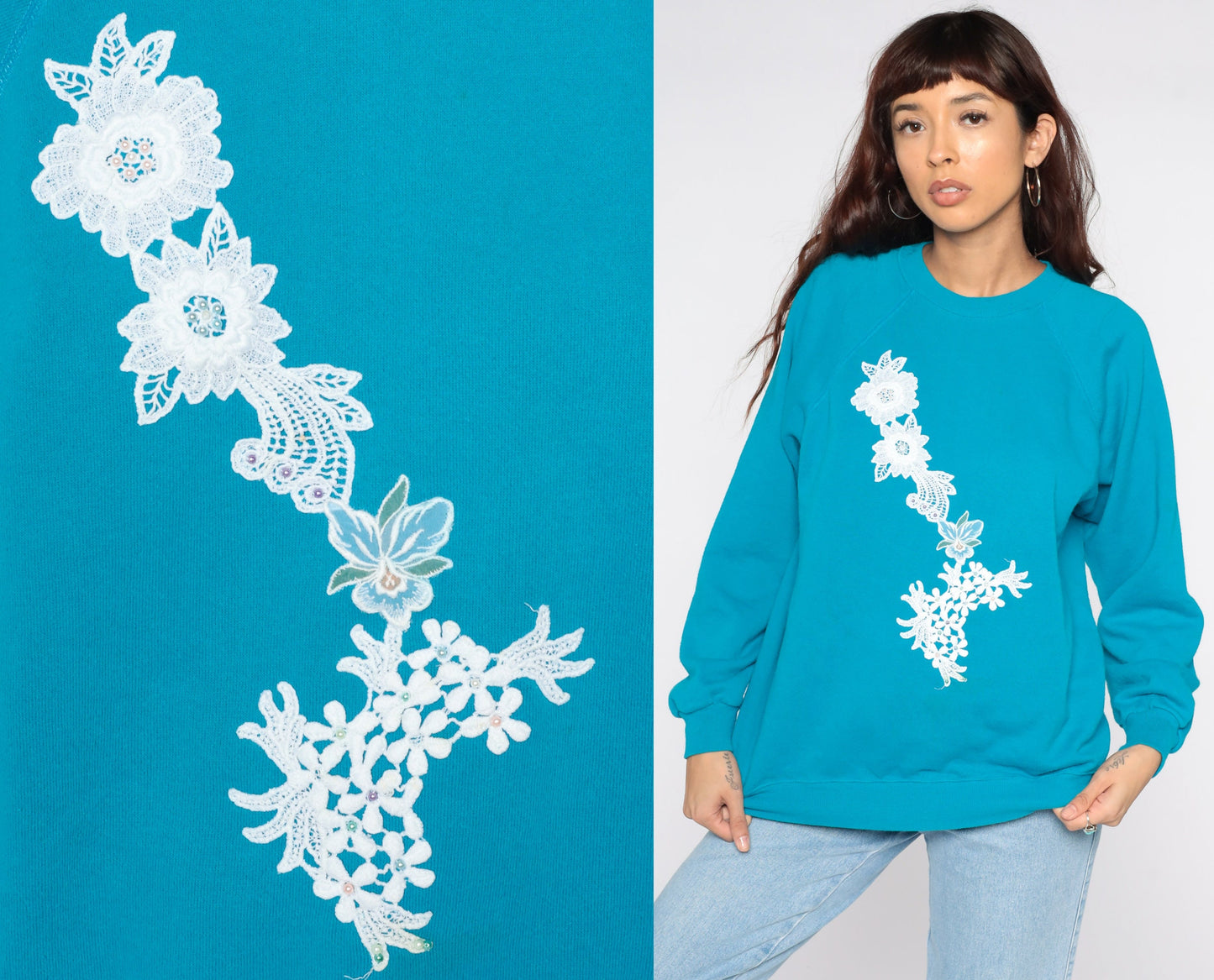 80s Hanes Floral Lace Applique Beaded Raglan Sweatshirt Blue Medium