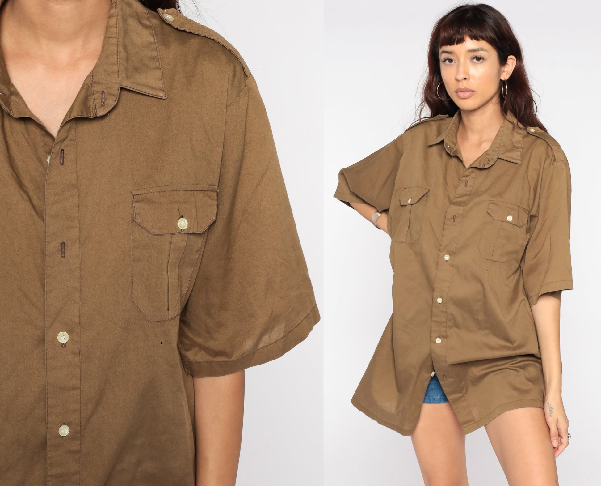 70s Brown Button Up Shirt Epaulette Collar Short Sleeve Men's Extra Large