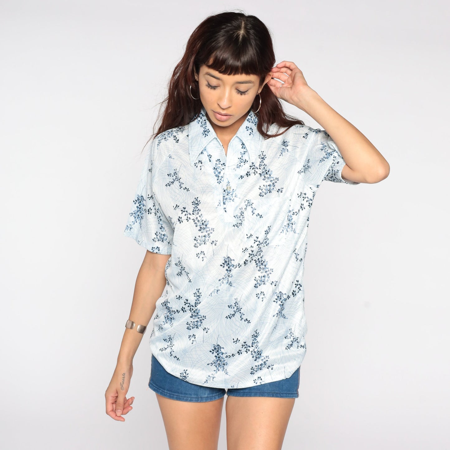 70s Blue Floral Button-Up Shirt Short Sleeve Collar Leaf Print Men's Medium