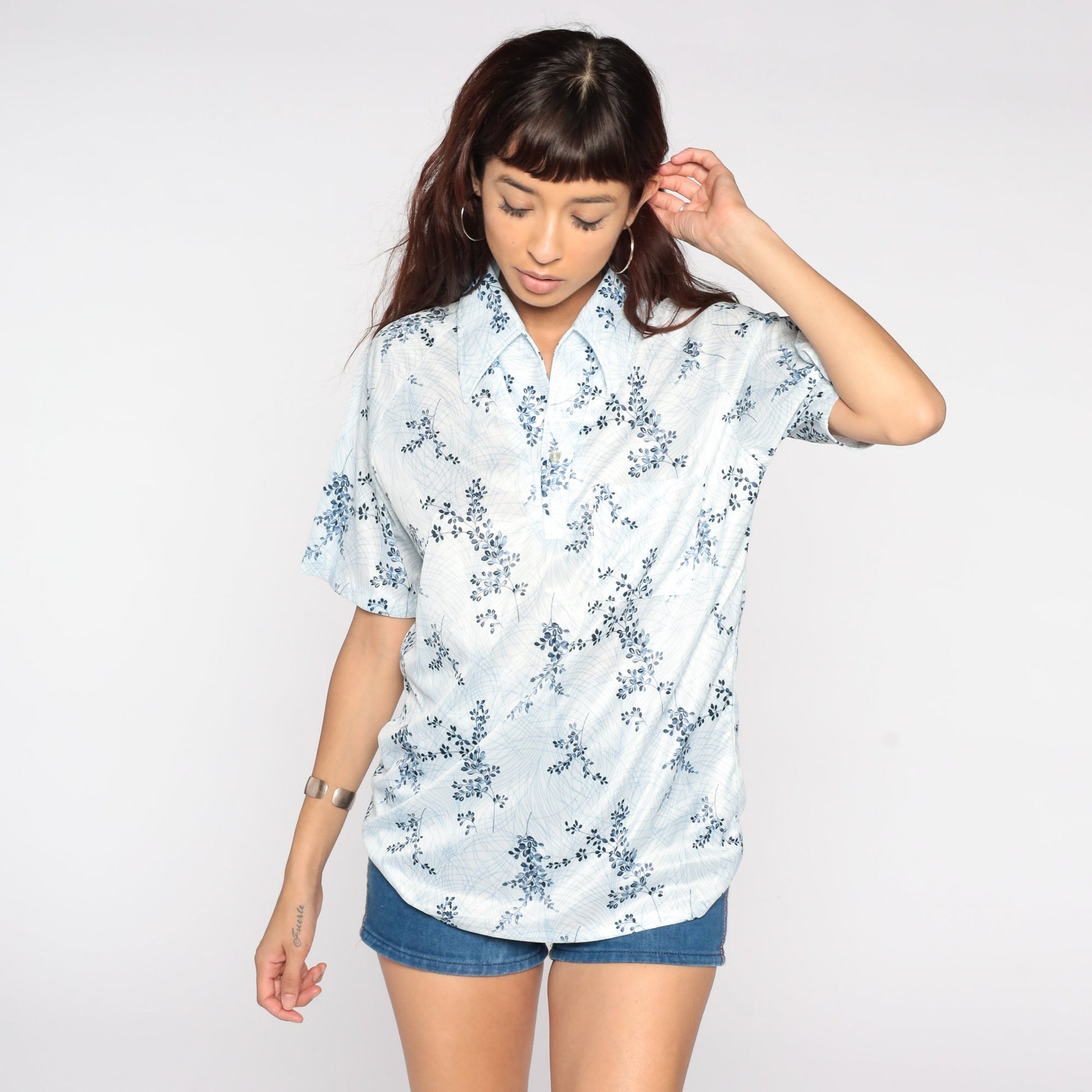 70s Blue Floral Button-Up Shirt Short Sleeve Collar Leaf Print Men's Medium