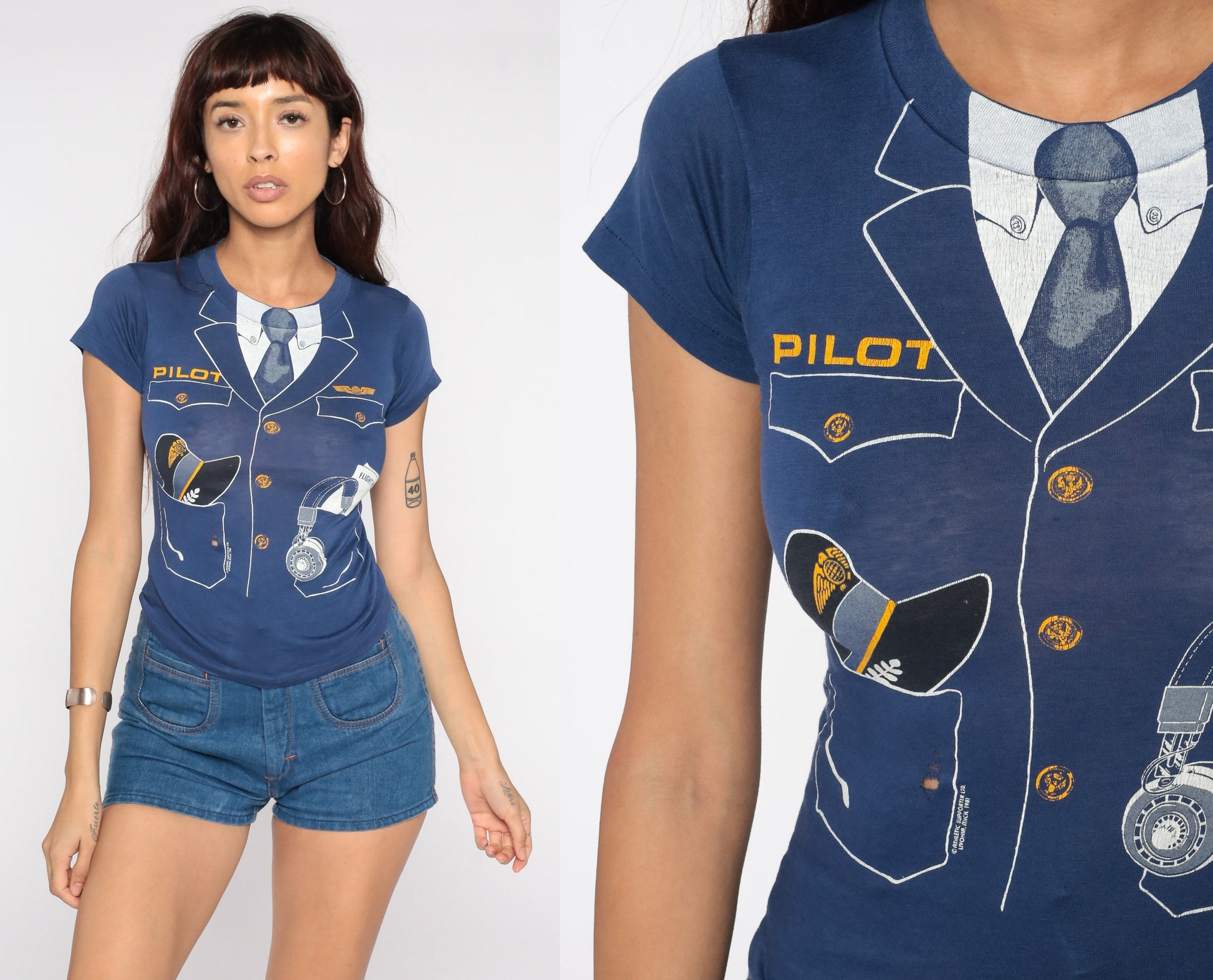 80s Pilot Uniform Graphic T-Shirt Distressed Cotton Single Stitch Extra Small