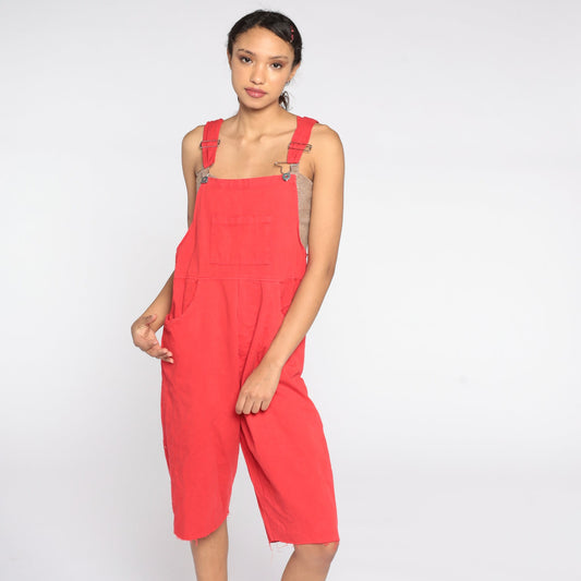 90s Red Cotton Overall Shorts Frayed Cutoff Bib Dungarees Large