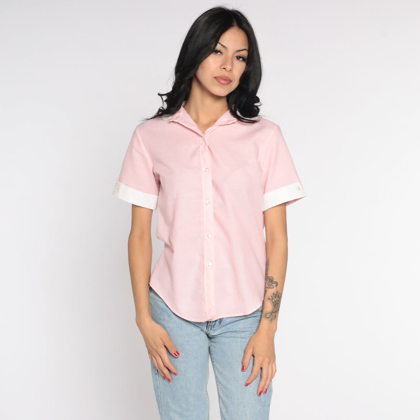 80s Baby Pink Peter Pan Collar Button-Up Blouse Short Sleeve Medium
