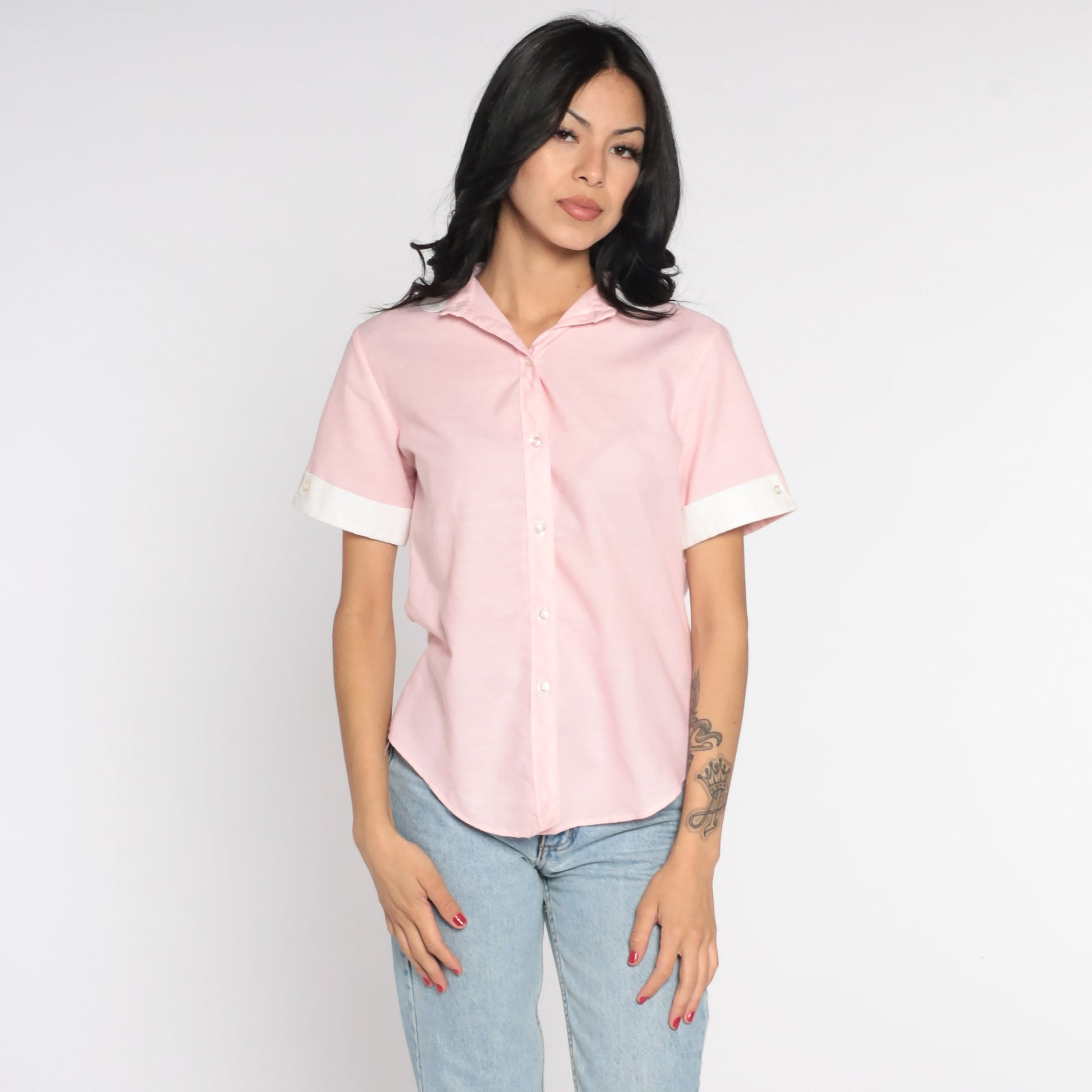 80s Baby Pink Peter Pan Collar Button-Up Blouse Short Sleeve Medium