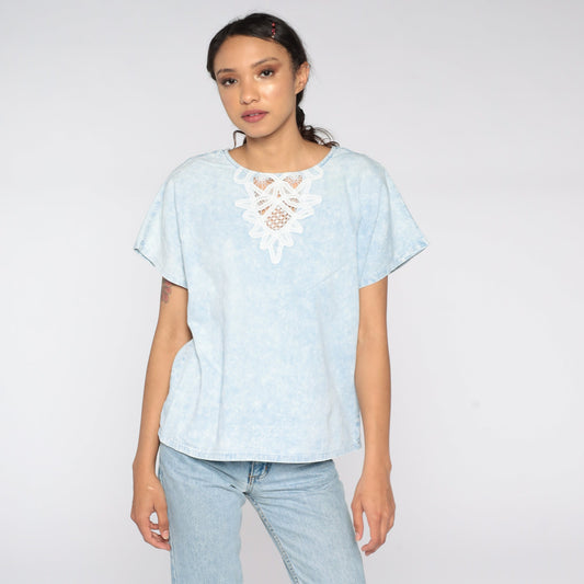 80s Blue Acid Wash Lace Cutout Blouse Cotton Top Medium