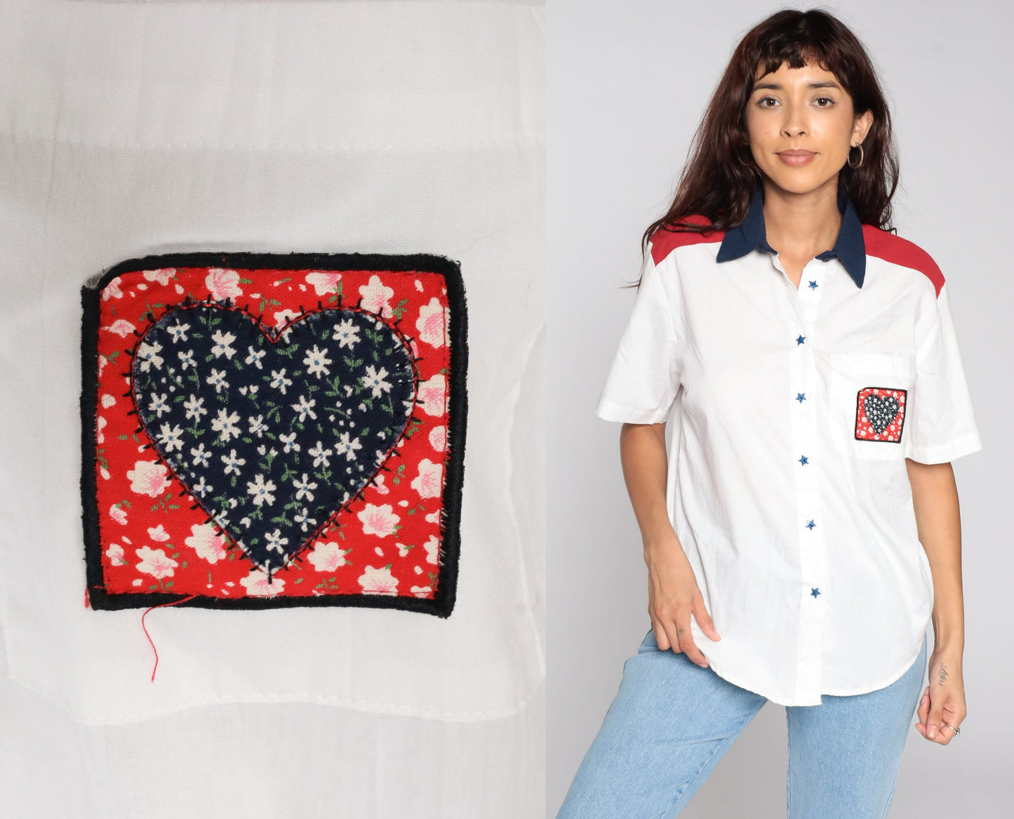 80s Heart Print Button Up Blouse White Short Sleeve Star Buttons Small