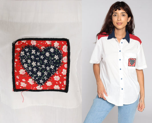 80s Heart Print Button Up Blouse White Short Sleeve Star Buttons Small