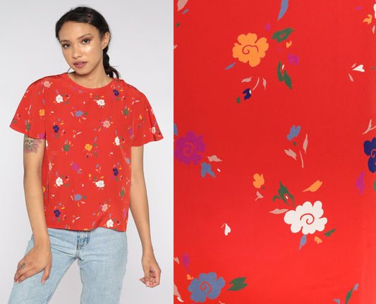 80s Red Floral Flutter Sleeve Blouse Short Sleeve Shirt Small