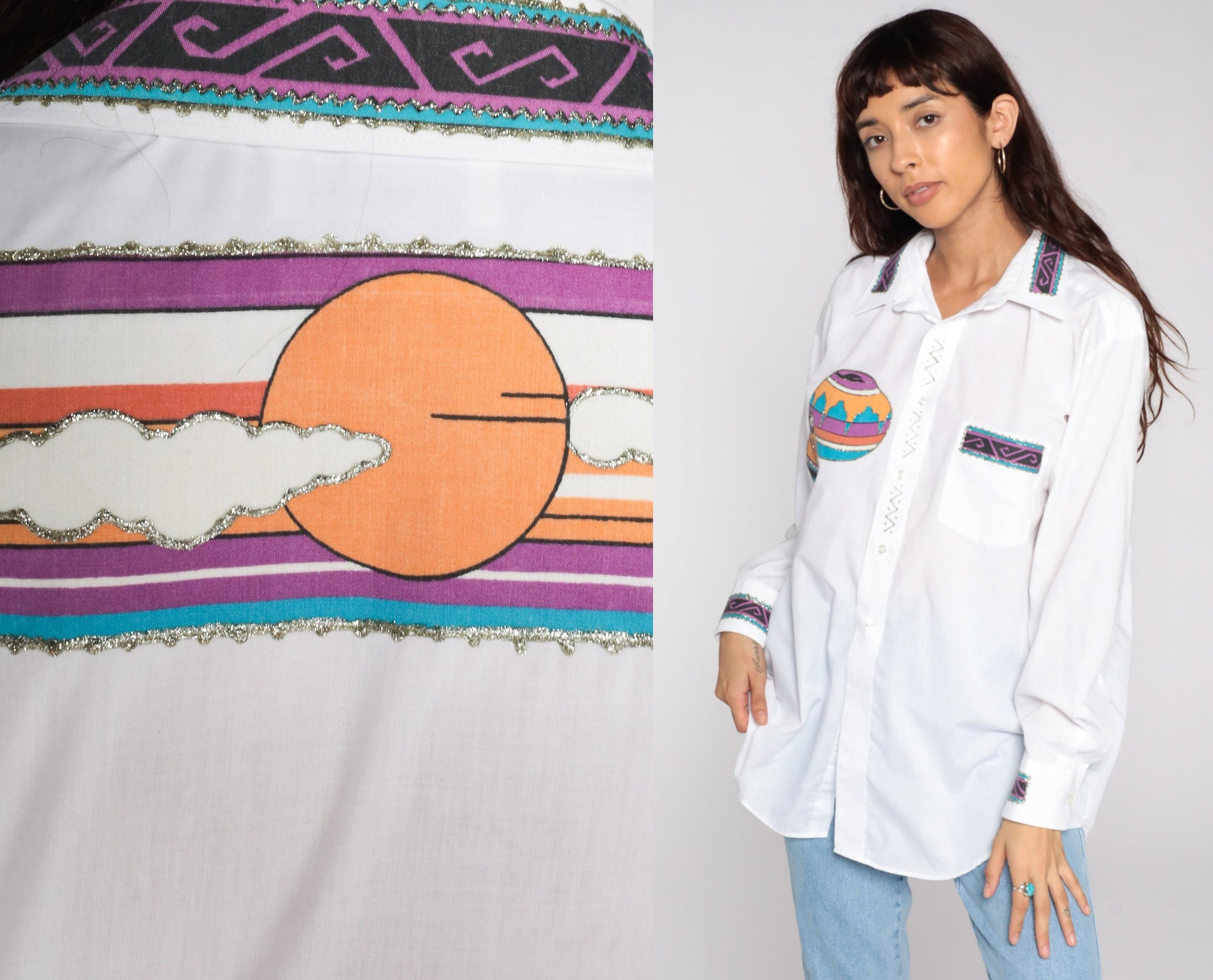 90s Southwestern Print Button Up Shirt White Gold Glitter Large