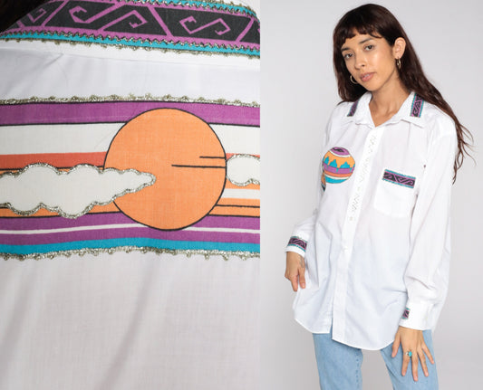90s Southwestern Print Button Up Shirt White Gold Glitter Large