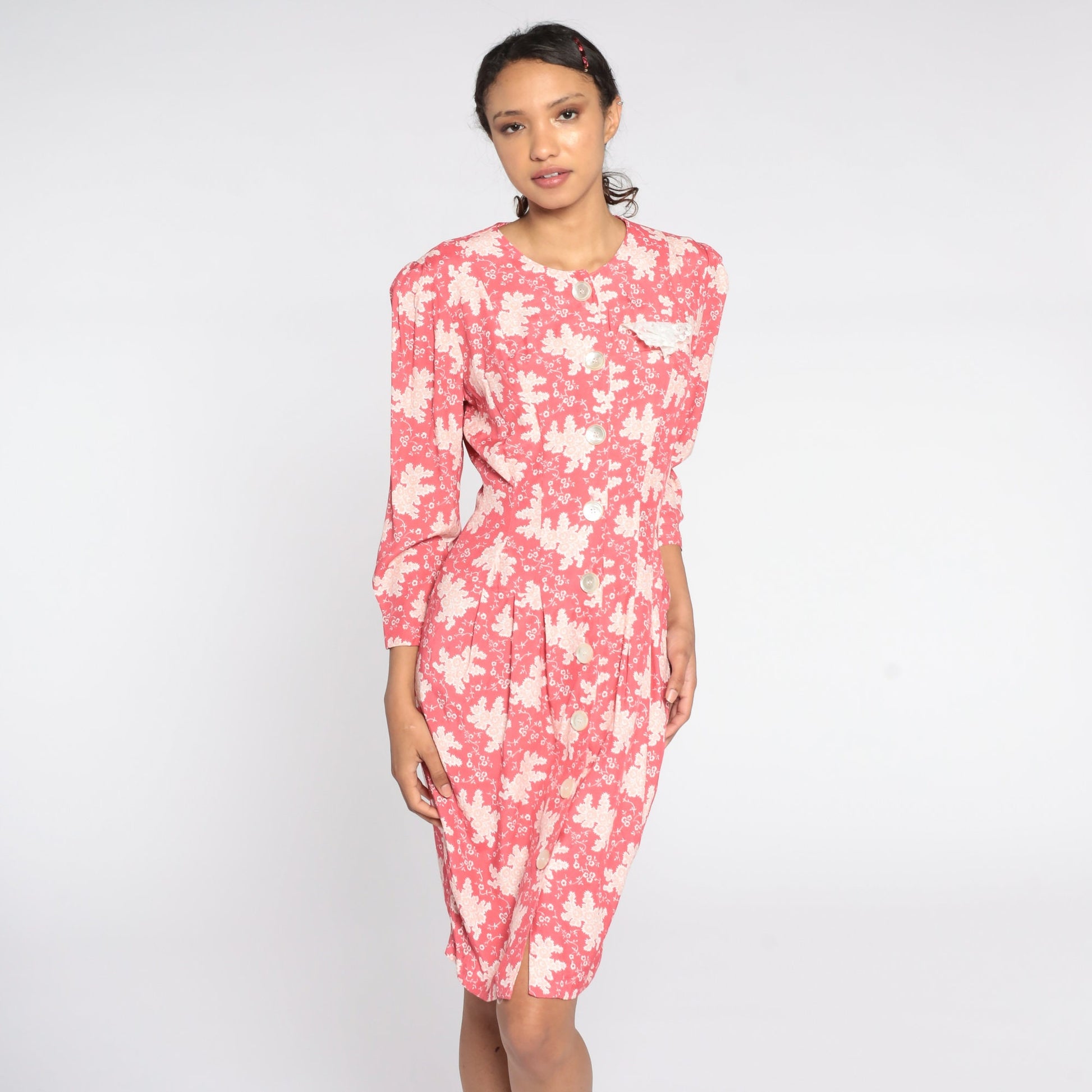 80s Jonathan Martin Floral Mini Dress Puff Sleeve Pink Sheath Small