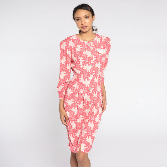 80s Jonathan Martin Floral Mini Dress Puff Sleeve Pink Sheath Small