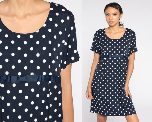 90s Navy Polka Dot Maternity Shift Dress White Mini Short Sleeve Medium