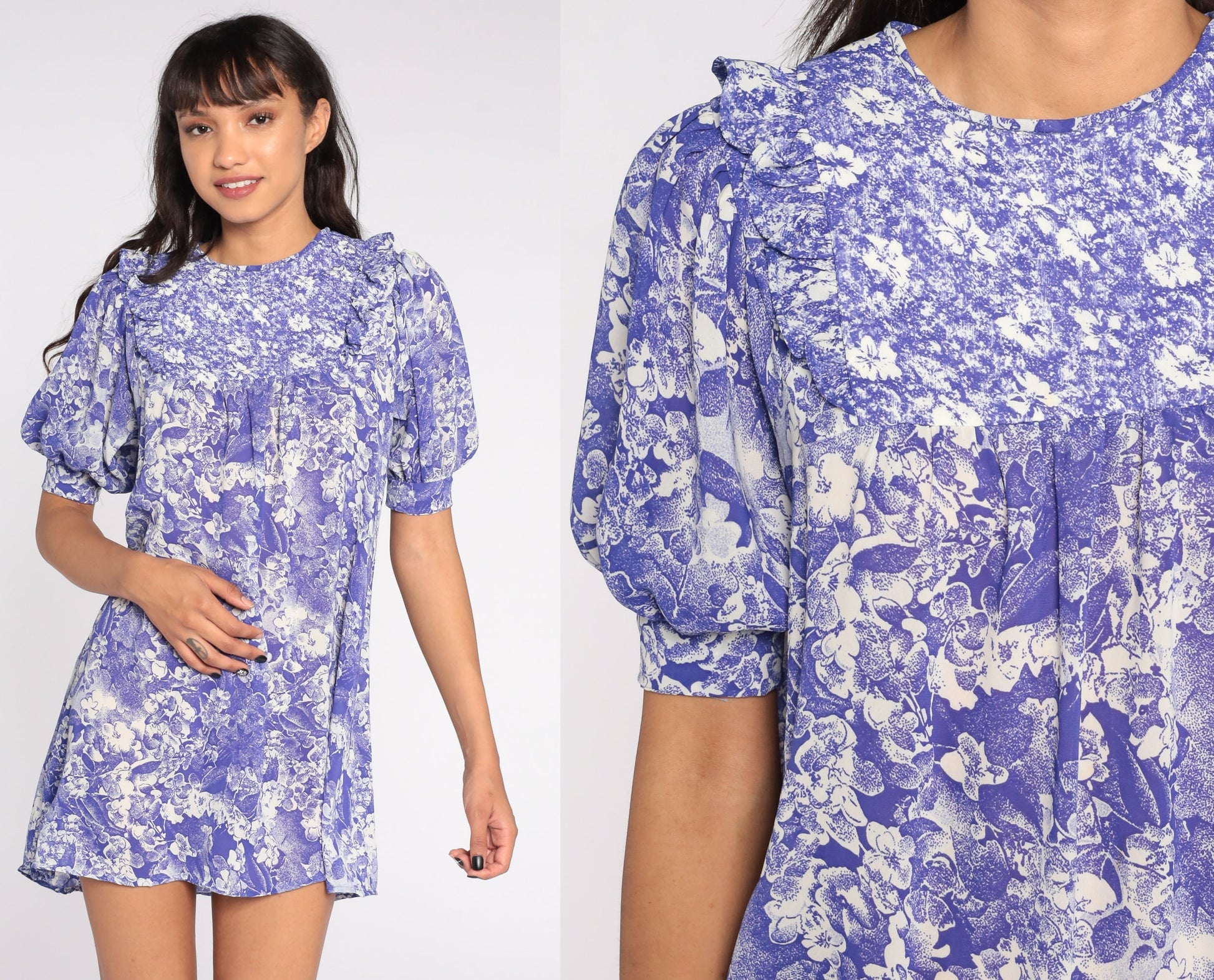 70s Mako Hawaii Floral Mini Dress Puff Sleeve Tent Cut Purple Small