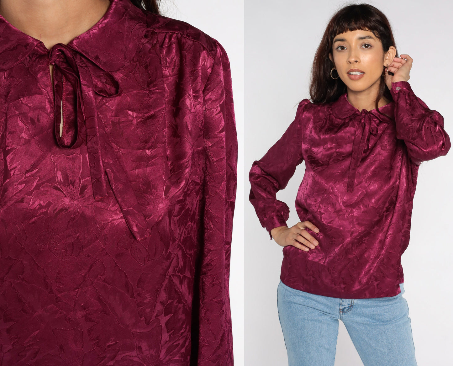80s Purple Puff Sleeve Blouse Peter Pan Collar Floral Embossed Top Medium Large