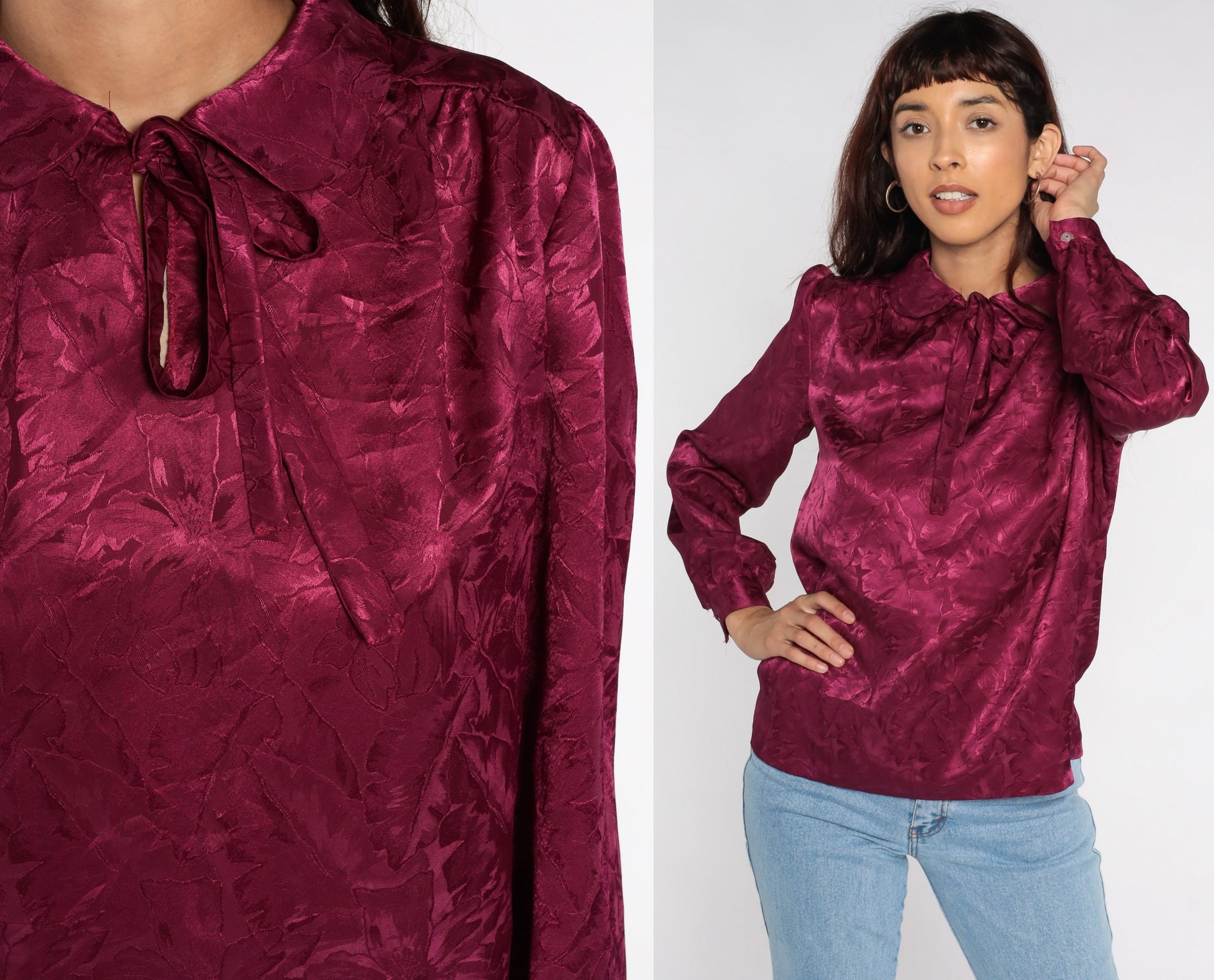 80s Purple Puff Sleeve Blouse Peter Pan Collar Floral Embossed Top Medium Large