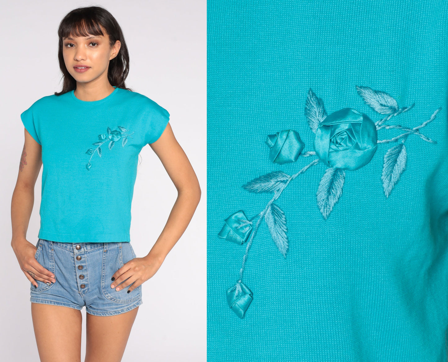 1960s Turquoise Knit Sweater Top Floral Appliqué Cap Sleeve Small