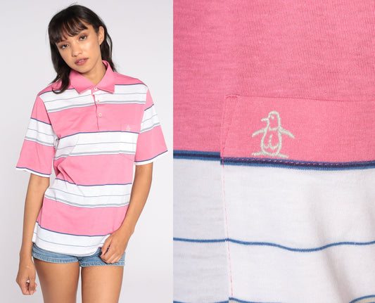 80s Munsingwear Polo Shirt Pink Striped Half-Button Cotton Medium
