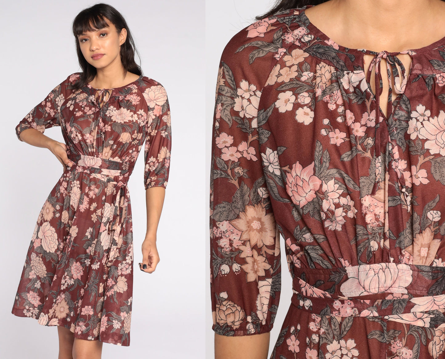 70s Floral Midi Dress Brown Pink High Waist 3/4 Sleeve Keyhole Extra Small
