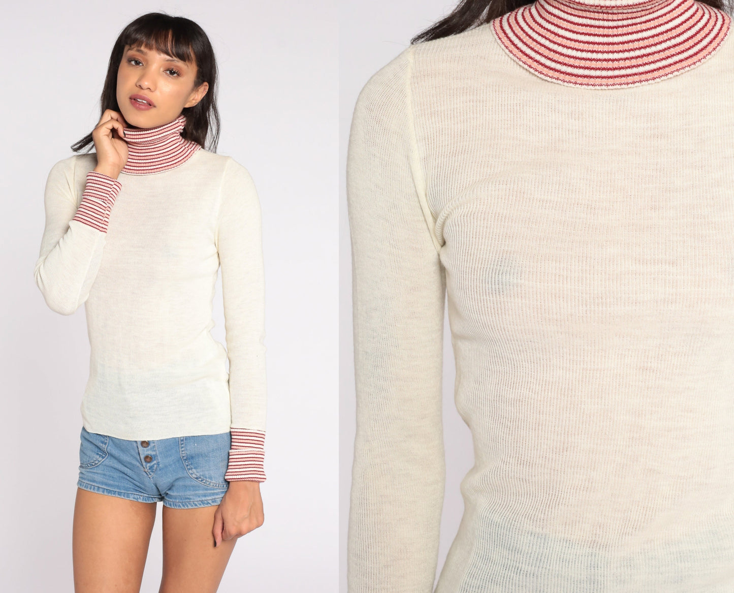 70s Striped Turtleneck Sweater Off-White Knit Pullover Small S