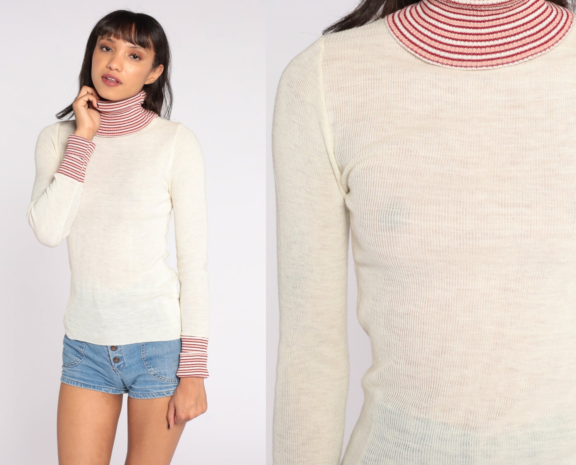 70s Striped Turtleneck Sweater Off-White Knit Pullover Small S