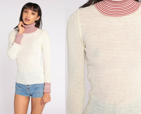 70s Striped Turtleneck Sweater Off-White Knit Pullover Small S
