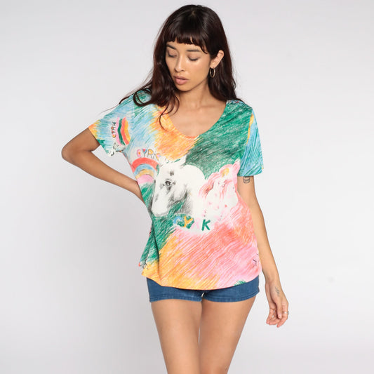 70s Cyrk Art Horse Rainbow Shirt Tunic Top Short Sleeve Large L
