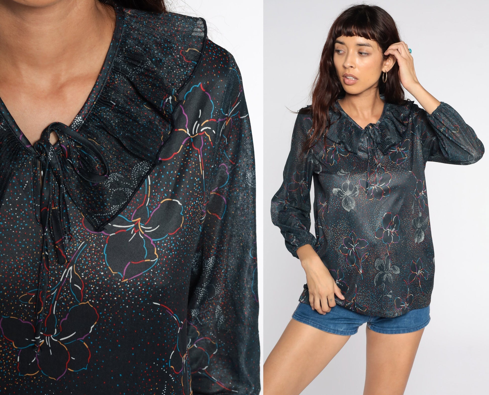 70s Black Floral Keyhole Blouse Long Sleeve Shirt Medium