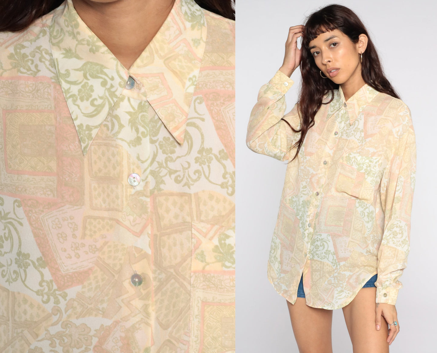 70s Yellow Geometric Floral Button-Up Blouse Dagger Collar Long Sleeve Medium