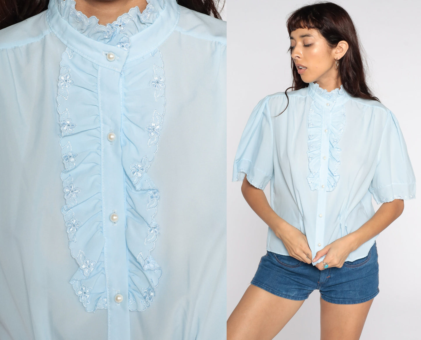 80s Baby Blue Ruffle Tuxedo Blouse Short Sleeve Button Up Eyelet Extra Large
