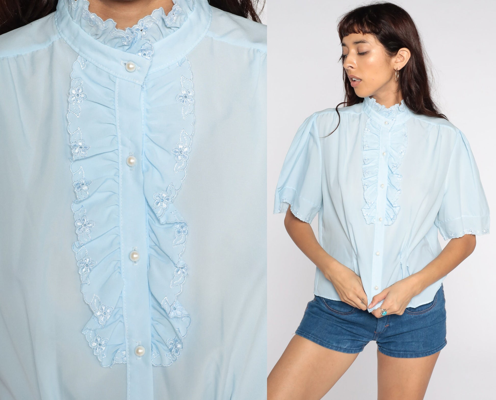 80s Baby Blue Ruffle Tuxedo Blouse Short Sleeve Button Up Eyelet Extra Large