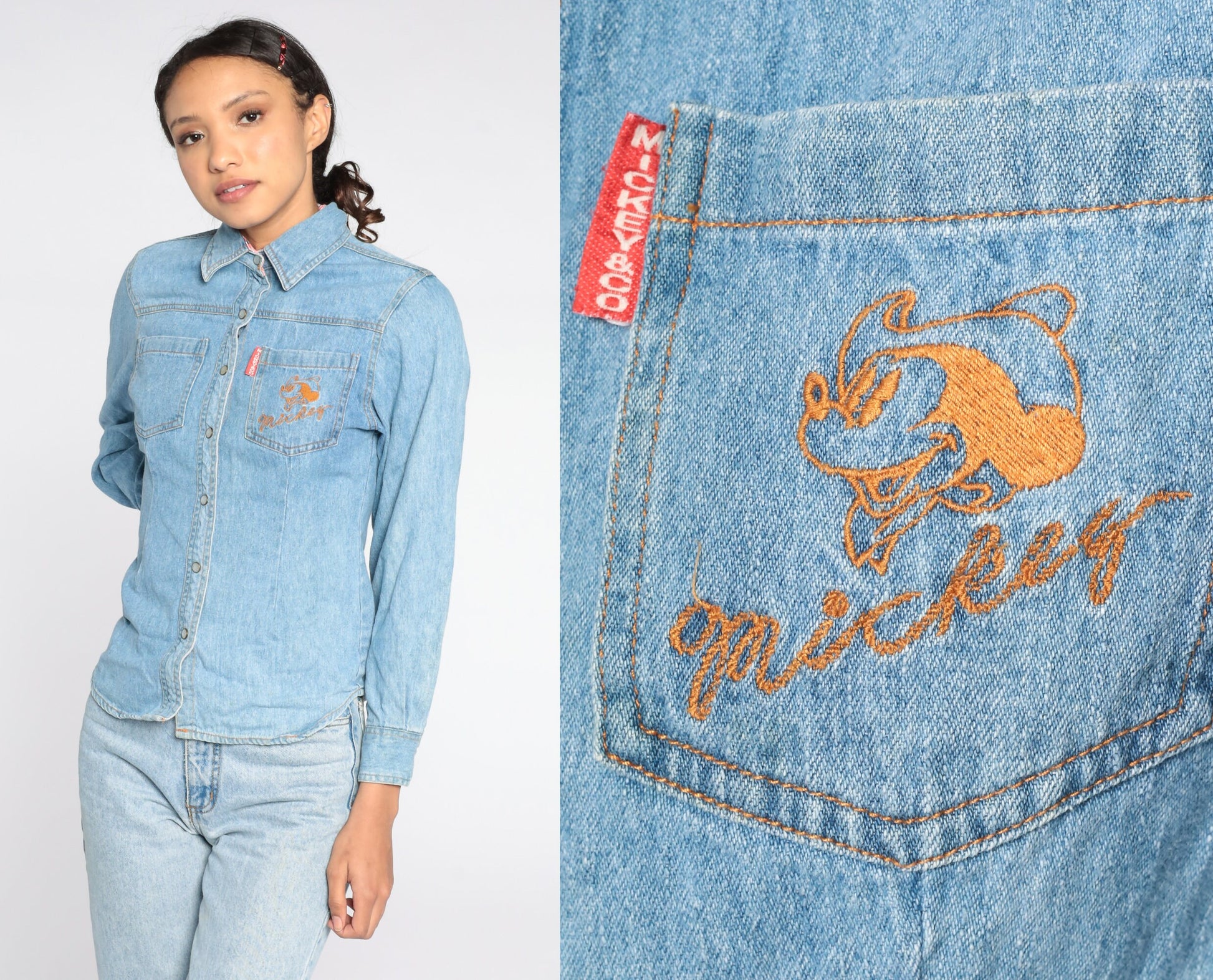 90s Disney Mickey Mouse Denim Pearl Snap Western Shirt Extra Small