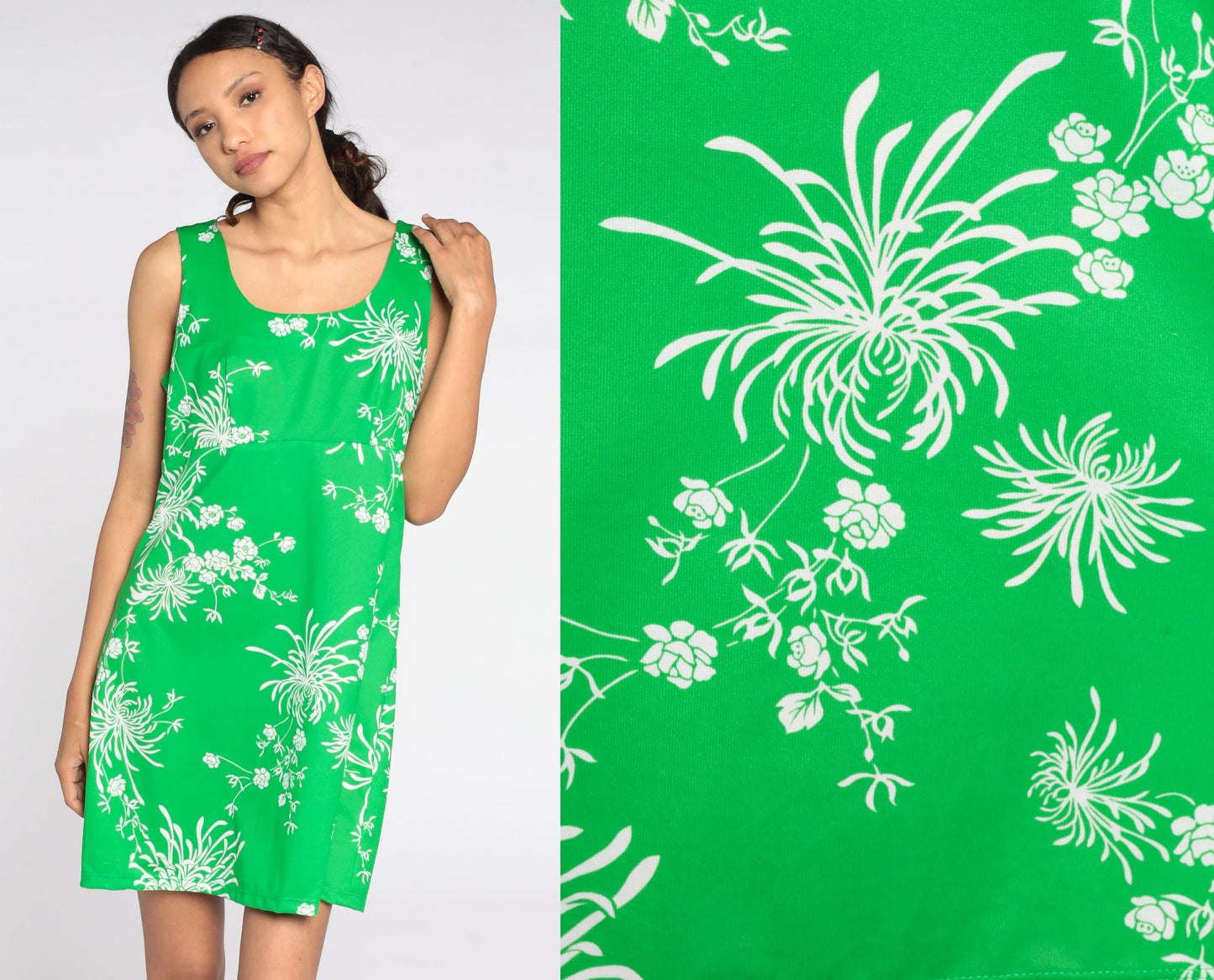 70s Babydoll Mini Dress Green Floral Empire Waist Sleeveless Medium