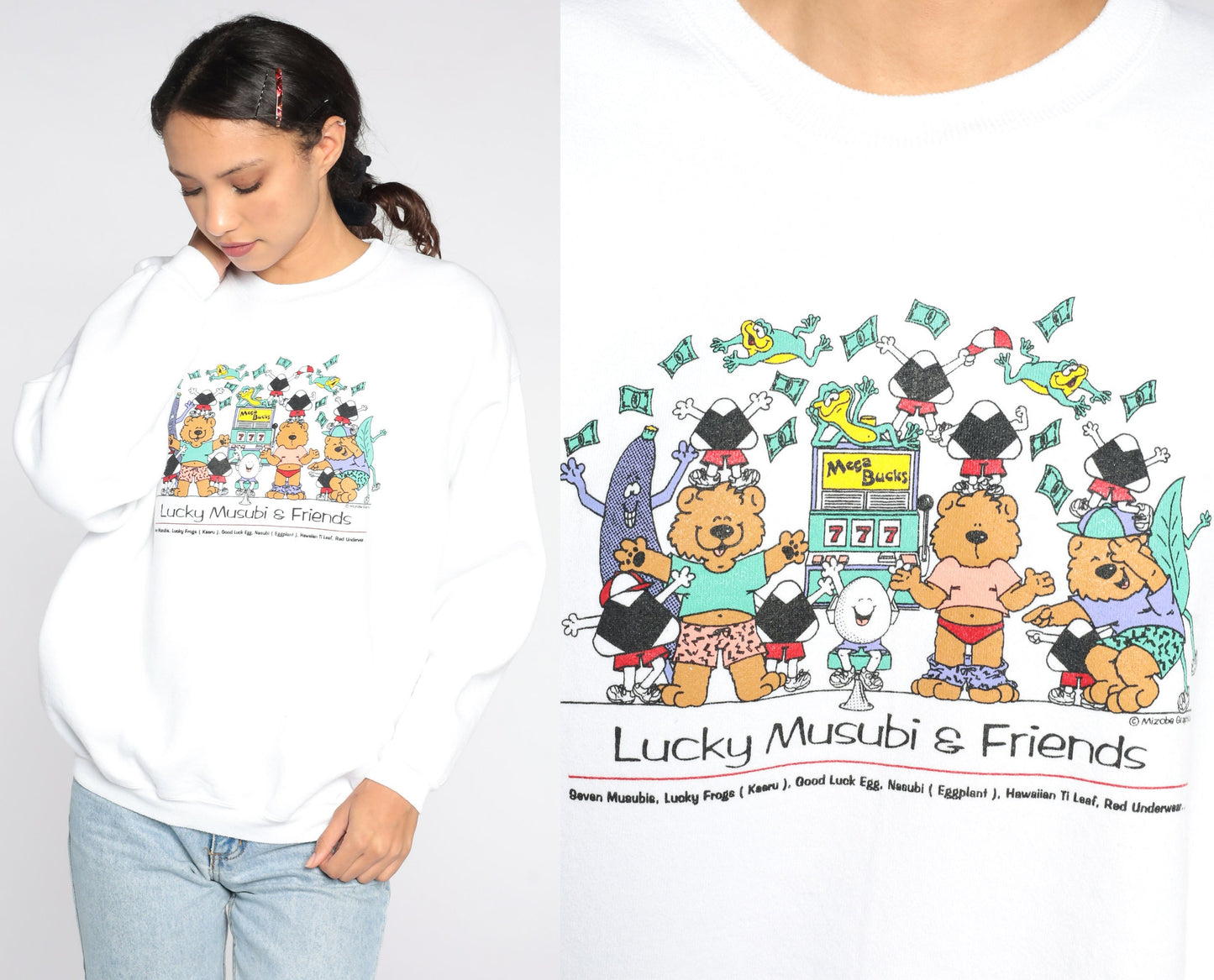 90s Lucky Musubi Sushi Graphic Sweatshirt Teddy Bear Crewneck Large