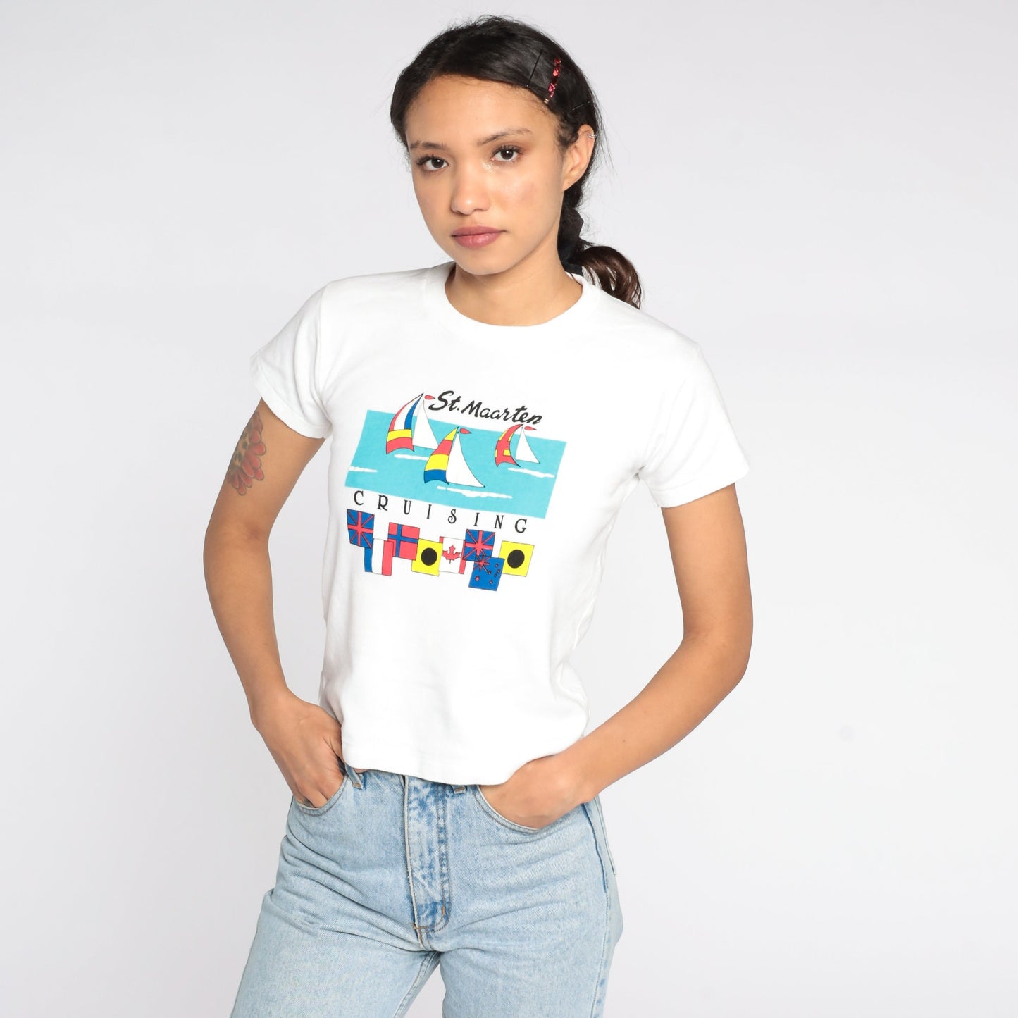 90s St. Maarten Sailboat Graphic T-Shirt White Cotton Extra Small