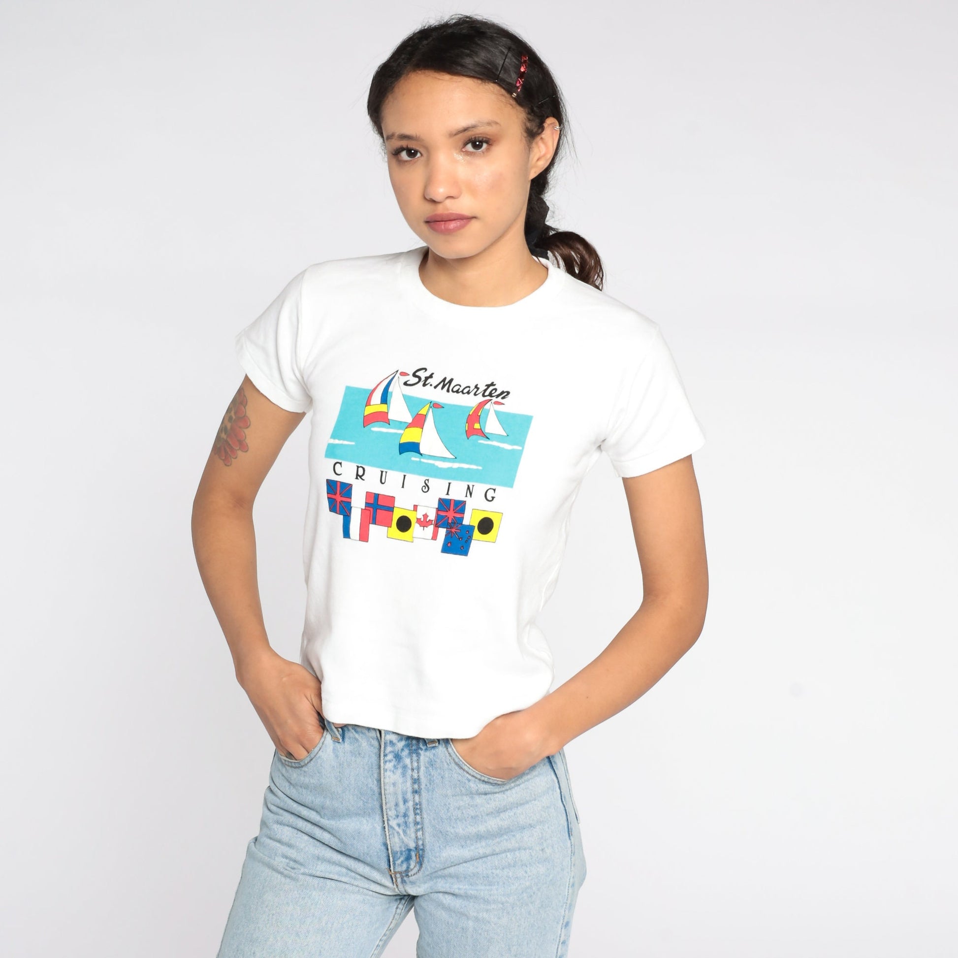 90s St. Maarten Sailboat Graphic T-Shirt White Cotton Extra Small