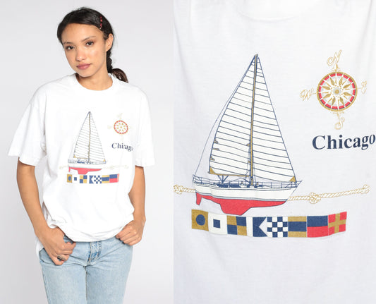 90s Chicago Sailboat Graphic T-Shirt Cotton Tee Blue Medium Large