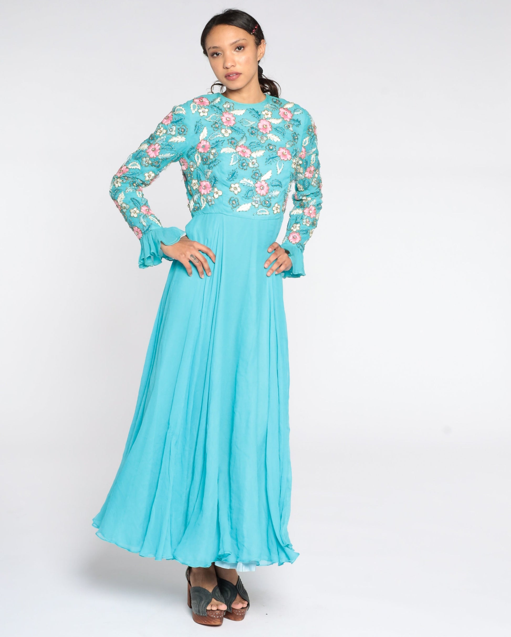 70s Blue Chiffon Maxi Dress Floral Embroidery High Waist Long Sleeve Medium