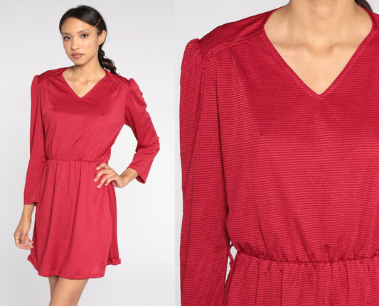 80s Cherry Red Striped Mini Dress Puff Sleeve V-Neck Elastic Waist Small