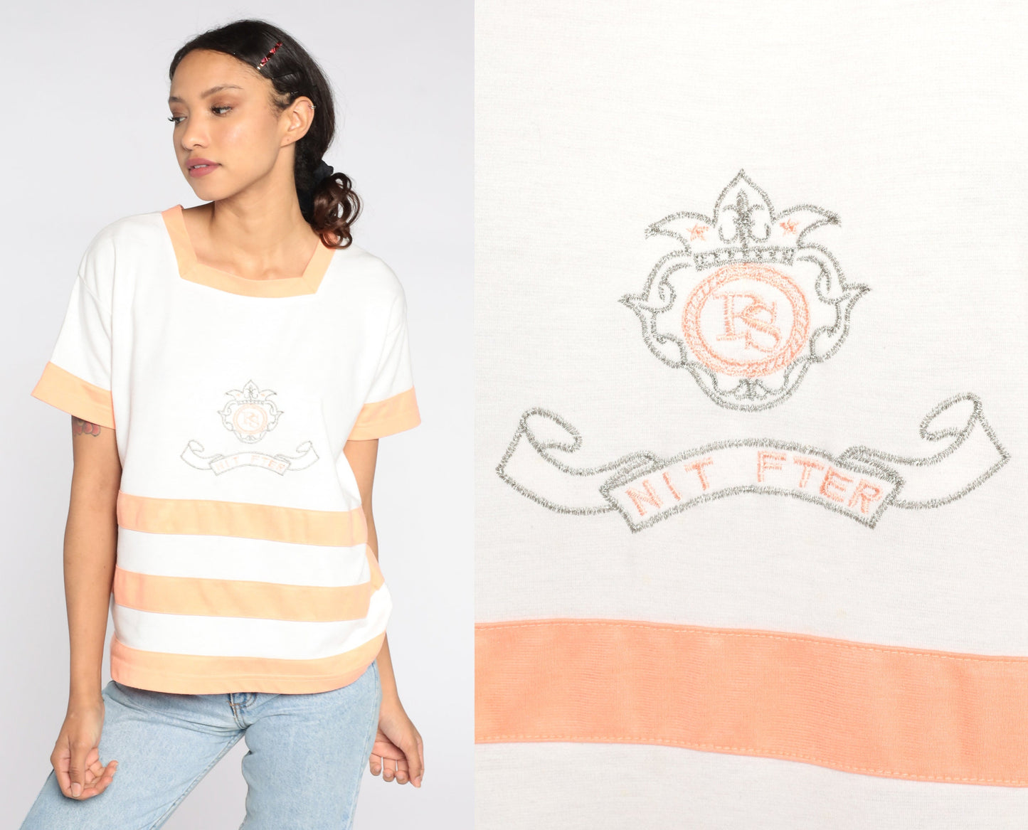 80s Embroidered Crest T-Shirt White Peach Striped Cotton Tee Large L