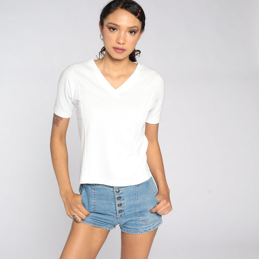 80s White V-Neck T-Shirt Cotton Poly Vintage Tee Small