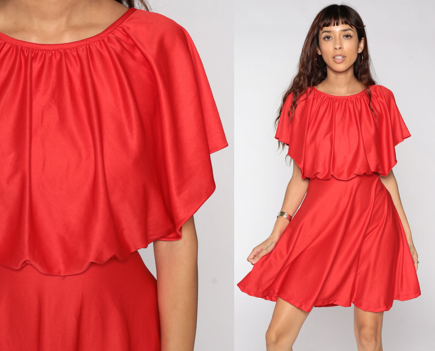 70s Red Grecian Mini Dress High Waist Flutter Sleeve Capelet Small